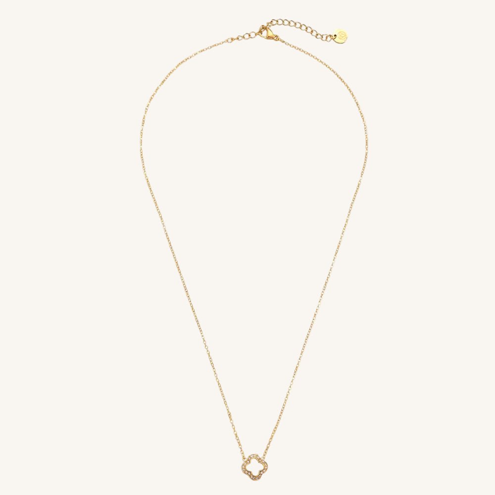 Goldene Edelstahlkette mit 3D-Kleeblattanhänger und funkelndem Schliff.